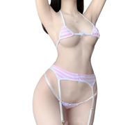 SNOMYRS Cosplay Lingeries Kawaii Anime Micro Bikini Japonais Culotte Soutien-Gorge sous-Vêtements Porte-Jarretelles Ensemble Dos Nu Sangle Costumes Tenue Rose, Rose, Taille Unique