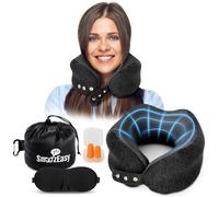 SnoozEasy™ Oreiller de voyage pour adultes | Oreiller cervical en mousse à mémoire de forme haute densité pour avion | Coussin de voyage réglable avec masque pour les yeux, bouchons d'oreilles, sac de