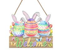 Snorvixre Panneaux de bienvenue avec motif de lapin, bois, printemps, fête, décoration de porte, fleurs, installation facile, ornement, plaque de Pâques