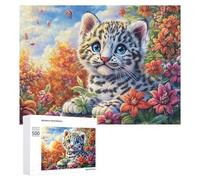 Snow Leopard Cub sur Rocher avec Collier de Fleurs Puzzle 500 Pièces pour Adultes Jeu De Détente Endurance Mentale Cadeau pour Longues Soirées 500 PCS