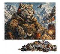 Snow Leopard Gamer in Winter Landscape Puzzle en Bois, 500 pièces | Présent de Noël pour passionné : activité sans écran à la maison à son propre rythme.