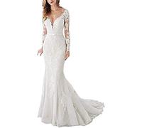 Snow Lotus Robe de Mariée Sirène Femme Col en V Manches Longues en Tulle avec Dentelle Appliquée, ivoire, 48