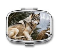 Snow Mountain Wild Wolf Pilulier en métal étanche à 2 compartiments avec miroir pour sac à main, porte-vitamines, médicaments quotidiens (carré)