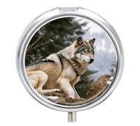 Snow Mountain Wild Wolf Pilulier en métal étanche à 3 compartiments avec miroir pour sac à main, porte-vitamines, médicaments quotidiens, conteneur de voyage (rond)