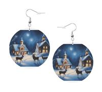 Snow Night Boucles d'oreilles rondes en cuir synthétique avec crochets plaqués argent 925 Motif Père Noël et cerf Taille unique, One Size, Argent sterling, Pierre rouge