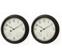 Snowchecking Lot de 2 horloges d'extérieur de 38,1 cm étanches avec thermomètre et hygromètre, horloge de jardin vintage, silencieuse, sans tic-tac pour terrasse, piscine, cour