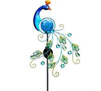 Snowchecking Piquet de jardin solaire en forme de paon en métal avec orbe bleu-lumineux, résistant aux intempéries IP65, éclairage décoratif extérieur pour allée, parterre de fleurs, décoration de