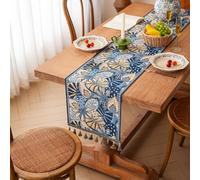 Snowchecking Table jacquard bleu pour chemin de table avec pompons, 35 x 120 cm en polyester chenille de qualité supérieure, pour table de salle à manger, comptoir de cuisine et cheminée (35 x 140 cm