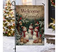 Snowmen Welcome Friends Drapeau de jardin avec citation de Noël 30,5 x 45,7 | Oiseaux cardinaux, drapeau de cour, scène de forêt d'hiver, lanternes décoratives, écharpes rouges, affichage saisonnier de