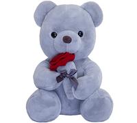 SNOWOLF Peluche Teddy Bear avec Rose, Mignon Juet en Peluche Oreiller Ours Cadeau de Poupée pour Enfants Garçons Filles Anniversaire Noël Saint Valentin, Gris (23cm)