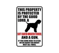 snowsun Plaque en métal avec inscription « Warning This Property Is Protected By The Good Lord A Soft Coated Wheaten Terrier Dog And a Gun » - Plaque rétro en aluminium pour cuisine, café, bar, jardin