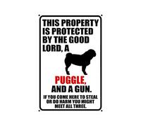 snowsun Plaque en métal « Warning This Property Is Protected By The Good Lord A Puggle Dog And a Gun » - Plaque rétro en aluminium pour cuisine, café, bar, jardin, maison, salle de bain - 20,3 x 30,5