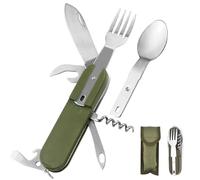 Snowtain Couverts Camping 7 en 1 en Acier Inox - Kit Pliable Multifonction avec Étui Ceinture, Ustensiles de Survie pour Randonnée, Pique-nique, Voyage (Vert Militaire)