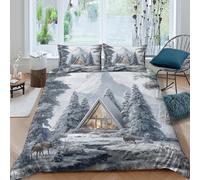 Snowy cabin Housse de Couette 3 Pièces 3D Imprimée Facile d'entretien Moderne montagne lodge Ensemble De Literie avec Taie d'oreiller Ultra Douce for Garçons Adolescents Super king（260x220cm）