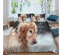 Snowy chien portrait Linge de Lit 3D Effet Microfibre 3 Pièces Hypoallergique Cute golden retriever Ensemble De Literie avec Taie d'oreiller Facile d'entretien for Chambre Adulte Single（140x200cm）