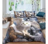Snowy Hibou Perched Linge de Lit Microfibre résistante 3 Pièces 3D Effet Léger Wild Nature Art Style Housse de Couette avec Taie d'oreiller Facile d'entretien for Chambre Adulte Single（140x200cm）