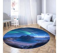 Snowy Mountain Bay Night Sky Rond Tapis de Sol Aurora Borealis Paysage scénique Lavable Tapis antidérapant pour Chambre de bébé Chambre Bureau Decor 135cm