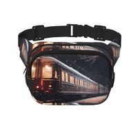 Snowy Night Railway Train Fitness Voyage Sac banane tendance et décontracté Sac banane carré double couche Noir Taille unique, Noir/blanc, One Size