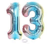 SNOWZAN Ballon Chiffre XL 13 Ans Arc-En-Ciel - Décoration d'Anniversaire Géant 80 Cm Bleu Et Rose - Gonflable à l'Hélium Happy Birthday Party