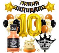 SNOWZAN Décoration d'anniversaire 10 ans pour garçon et fille - Ballons noirs et dorés - Décoration de gâteau - 10e anniversaire - 10e anniversaire - Bannière Happy Birthday - Décoration