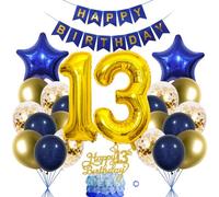 SNOWZAN Décoration d'anniversaire 13 ans pour garçon et fille - Ballon décoratif 13e anniversaire garçon bleu marine doré - Décoration de gâteau 13e anniversaire - Ballon 13e anniversaire - Bannière