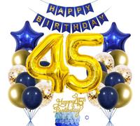 SNOWZAN Décorations d'anniversaire 45 ans - Bleu doré - Pour femmes et hommes - Décoration de 45 ans - Ballons - Guirlande de ballons - Décoration de gâteau - 45 ans