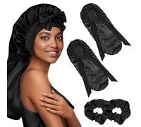 SNSYGN Lot de 2 bonnets en satin pour dormir, extra longs, avec 2 bandes élastiques, réglables et respirantes, pour cheveux bouclés et lisses (noir)