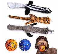 Snug & Squeak Bundle - Jouets couineurs en peluche pour chien sans rembourrage, balle de tennis rebondissante, balles de récupération, brosse de toilettage, outil de démêlage Réduit la perte de poils