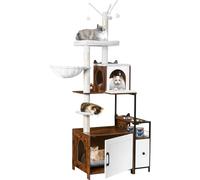 Snughome Arbre à chat avec enclos à litière, tour à chat moderne 3 en 1 pour chats d'intérieur, meuble de litière caché de 170 cm avec niche pour chat, station d'alimentation et hamacs, meuble