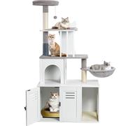 Snughome Enclos à litière pour chat avec tour d'arbre à chat et niche, meuble de toilette caché avec griffoir en sisal et perchoir en peluche douce (blanc)