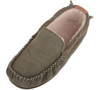 SNUGRUGS Chaussons mocassins d'hiver faciles à enfiler en daim polaire berbère avec bordure en cuir pour homme, vert olive, 39 1/3 EU