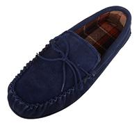 SNUGRUGS Mocassins en daim pour homme avec intérieur en coton à carreaux et semelle en caoutchouc, bleu marine, 42 1/3 EU
