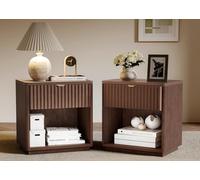 SnuHome Lot de 2 tables de nuit avec tiroirs, table de chevet moderne cannelée pour chambre à coucher, salon, bureau à domicile (marron)