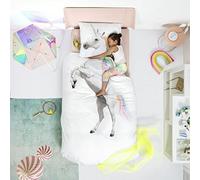 Snurk Parure de lit avec housse de couette et taies d'oreiller avec impression licorne haute définition 100 % percale de coton de haute qualité, pour enfants et filles, couleur blanc, taille simple