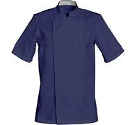 SNV Veste de cuisine homme femme chef cuisinier professionnel manches courtes avec col officier poche stylo. Fermeture par pressions cachées taille XS à XXXL(Bleu Marine, 3XL)