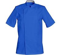 SNV Veste de cuisine homme femme chef cuisinier professionnel manches courtes avec col officier poche stylo. Fermeture par pressions cachées taille XS à XXXL(Bleu, L)