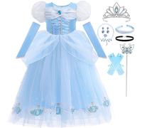 Snyemio Déguisement Princesse Cendrillon Enfants Filles Costume Robe Cinderella Halloween Carnaval Cosplay, Bleu, 5-6 Ans(Étiqueter 130)