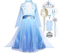 Snyemio Deguisement Princesse Elsa Filles Robe Reine des Neiges Enfant Costume avec Perruque pour Carnaval Anniversaire Halloween Noël, 7-8 Ans