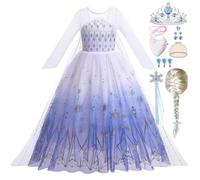 Snyemio Princesse Elsa Robe Déguisement Reine des Neiges Costume Fille Blanc avec Perruque pour Carnaval Anniversaire Fête,5-6 Ans