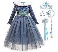 Snyemio Princesse Robe Reine des Neiges Costume Elsa Déguisement pour Filles Enfant Halloween Noël Carnaval Bleu Foncé, 4-5 Ans