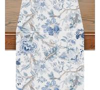 Snylcce Chinoiserie Bleu & Blanc Oiseau Fleurs Chemin de Table - Décor élégant 13x72 Pouces en Lin pour Les Repas de Ferme Moderne, Les Parties et Les entrées