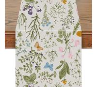Snylcce - Élégant Chemin de Table 13x108 Pouces à Motifs Floraux - Décor en Lin Blanc avec Motifs de Fleurs Sauvages et de Papillons pour Les Repas de Printemps