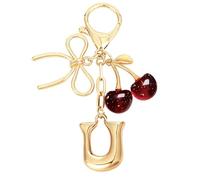 Snylcce Porte-clés doré avec l'initiale « A », un nœud et un adorable pendentif en forme de cerise rouge foncé, idéal comme accessoire pour les sacs à main féminins