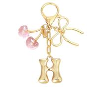 Snylcce Porte-clés Gold avec l'initiale « A », un nœud et une cerise en cristal rose - un adorable pendentif pour sac à main, idéal comme accessoire pour les sacs à main féminins