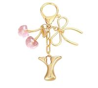 Snylcce Porte-clés Lettre Bulle Dorée Rose Y avec Noeud et Cerise Charmant Accessoire de Sac pour Femmes