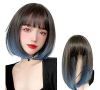 Snythetic Perruque lace front lace front clip sans colle 28 cm Perruque droite style bobo avec frange Wispy Fait à la main Full Head Wear Lace Front Wig (Noir avec reflets gris)