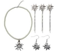 Snyvpra Lot de 5 bijoux de costume traditionnel edelweiss - 1 collier - 1 pointe de cheveux - 3 bijoux traditionnels pour femme - Bijoux Dirndl pour femme - Accessoires de fête de la bière