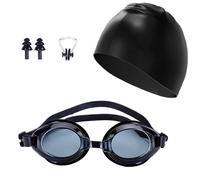 SNZ Lunettes de Natation Adulte 4 Pièces - Anti-Buée & UV400, Sangle Réglable en Silicone Souple pour Homme/Femme, Inclus Pince-Nez et Bouchons d'Oreilles, Bonnet