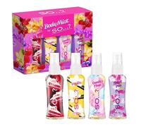 SO…? Body Mist Coffret cadeau avec mini brume corporelle pour femme avec velours rouge, vanille, barbe à papa et pois de senteur (4 x 50 ml)