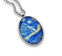 So Sweet Collier cabochon en verre, collier illustré en argent, ensemble « Nuit étoilée », peinture, peintre, bleu, noir (ref.15a)